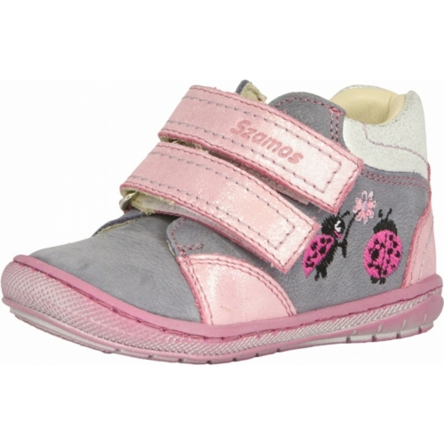 Szürke-rózsaszín két tépőzáras cipő katica dísszel