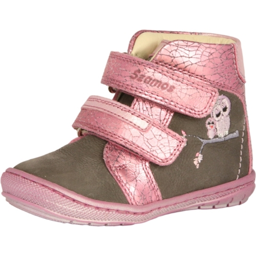 rózsaszín-barna két tépőzáras téli cipő bagoly dísszel